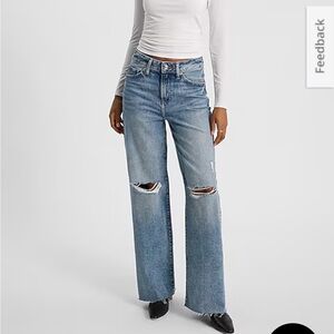 High Waisted Medium Wash 50/50 Rigid Stretch Ripped Wide Leg Jeans